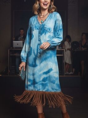 Boho Tie-Dye Blue Fringe Hem Dress